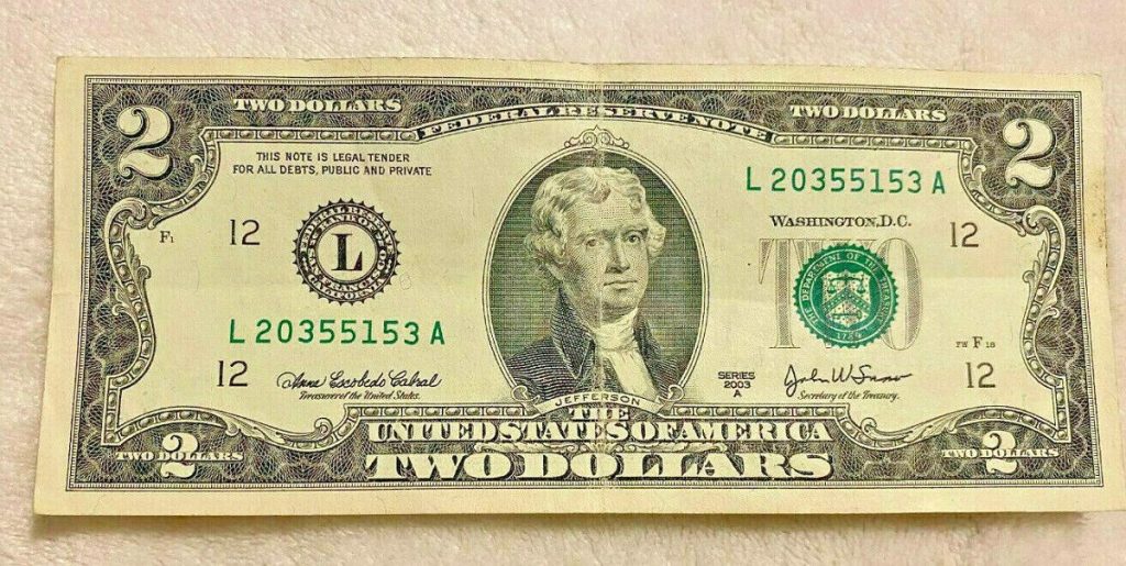 2003 2 dollar bill value