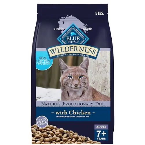 Blue Buffalo Wilderness Mature grain-free dry cat food bag with chicken