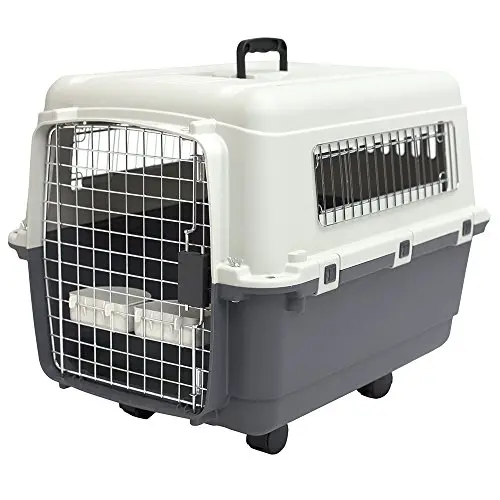 SportPet Designs medium plastic dog crate with built-in wheels for easy travel transport