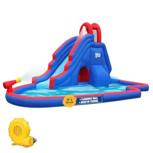 Sunny & Fun deluxe inflatable water slide park with climbing wall, tunnel, and splash pool