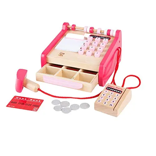 Hape wooden checkout register with play money, coins, and scanner for pretend shopping