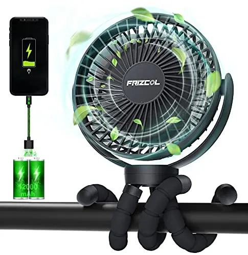 FRIZCOL black stroller fan with flexible tripod and power bank capability