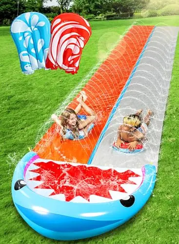 SLOOSH shark-themed double lane water slide with inflatable boards