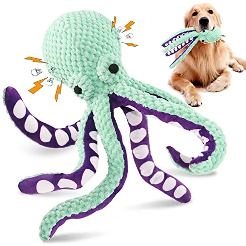 Fuufome green octopus plush dog toy with squeaker
