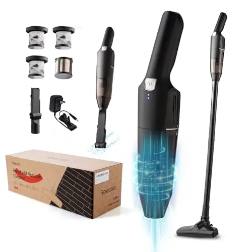 REECOO black stick and handheld vacuum with upright pole