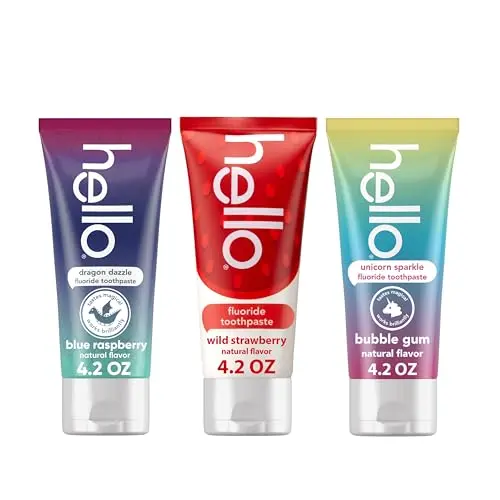 hello Kids Fluoride Toothpaste Variety Pack with strawberry, blue raspberry, and unicorn bubble gum flavors