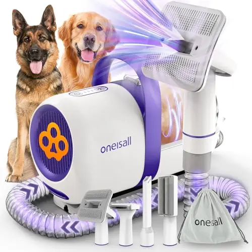 ONEISALL Dog Grooming Vacuum in purple with various attachments
