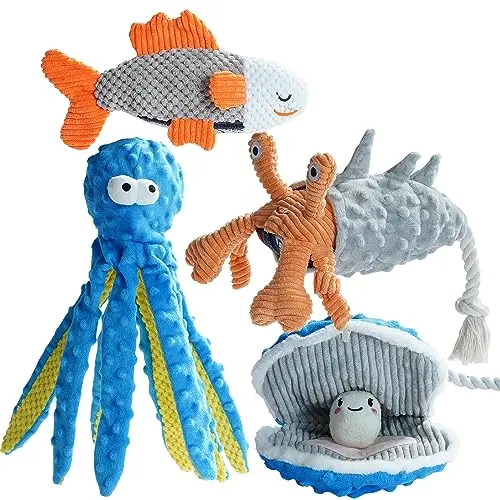Nocciola 4-pack ocean theme dog toys with crinkle and squeaky features