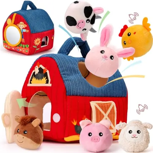 Soft barn toy with stuffed farm animals for sensory play
