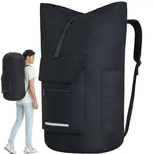 Quovexa black laundry backpack with four pockets and reflective safety bar