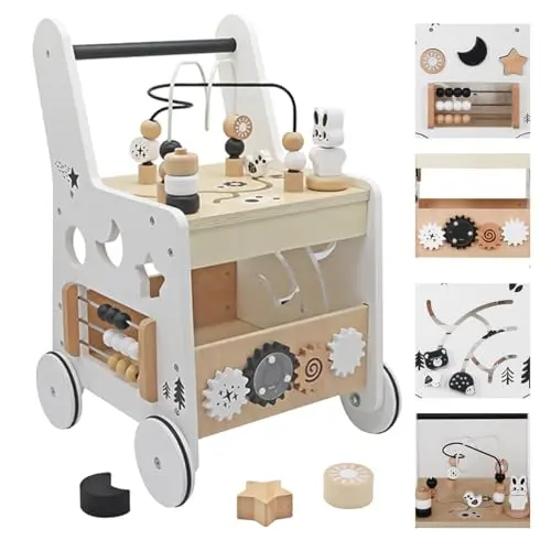 Touch Us wooden baby walker with activity cube featuring bead mazes and shape sorter