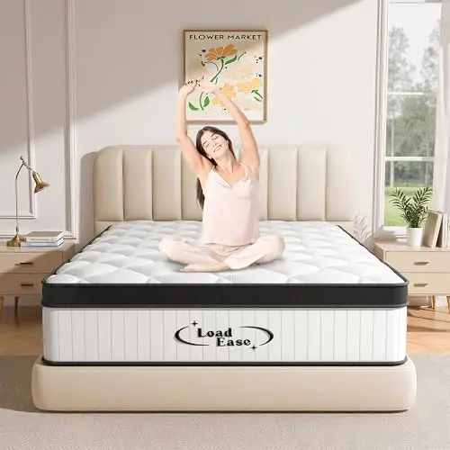 LoadEase 12-inch hybrid mattress with pocket springs on a wooden platform bed