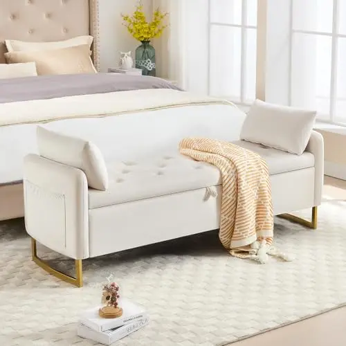 HOMYKA storage bench with gold legs and additional pillows