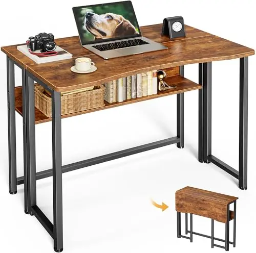 Huuger folding desk with storage shelf in rustic brown