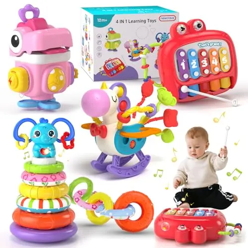 4-in-1 baby toys set with busy cube, stacking rings, musical piano, and pull string toys