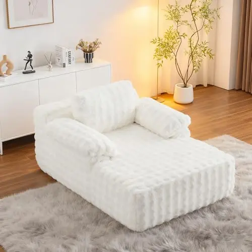 VINGLI white bubble fleece chaise lounge chair with pillow armrests